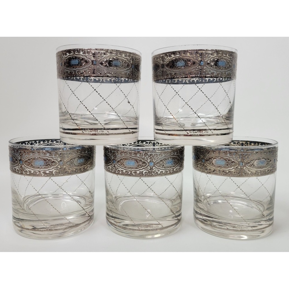 5 Vtg Culver Silver Lattice Sorrento Low‎ Ball Double Old Fashion Rocks Glasses